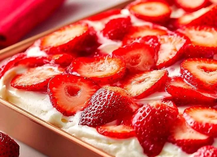 Delicious Simple Greek Yogurt Strawberry Cake topped with fresh strawberries.