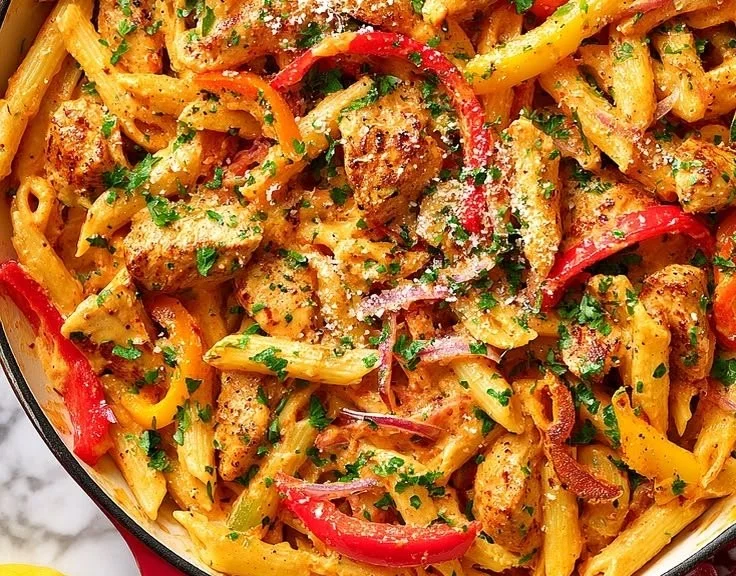 One-pot Cajun Chicken Pasta with vibrant ingredients in a skillet