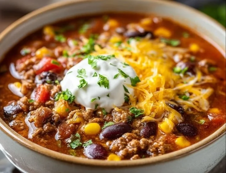 Bowl of Slow Cooker Cowboy Soup with vegetables and beans