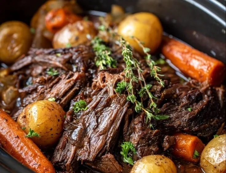 Delicious Slow Cooker Three Envelope Pot Roast served with vegetables