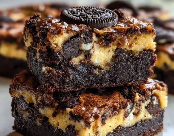 Delicious slutty brownies layered with cookie dough, Oreos, and chocolate fudge.