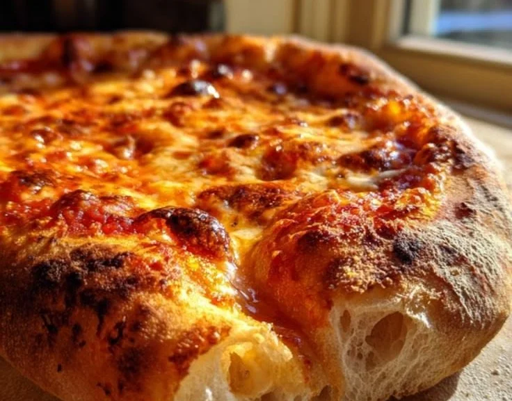 Sourdough pizza made with sourdough discard, topped with fresh ingredients.