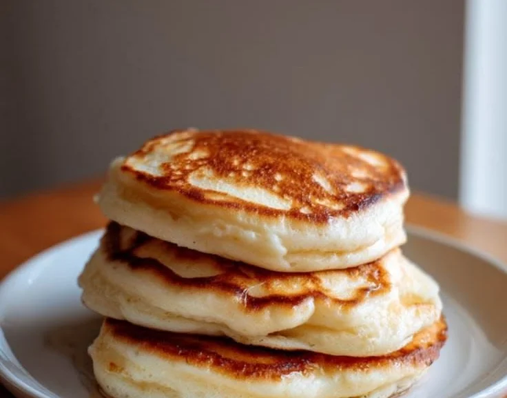 Delicious sourdough pancakes stacked on a plate with syrup and berries