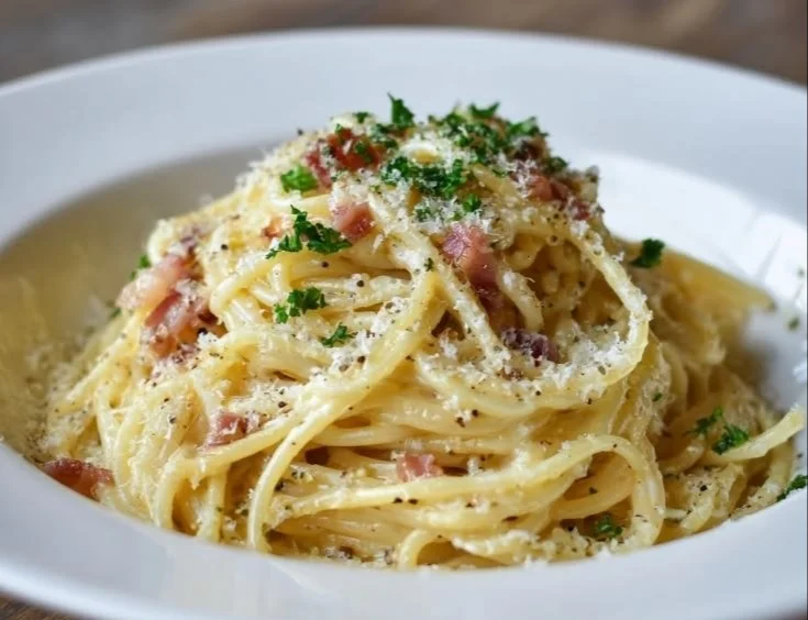 Delicious Spaghetti Carbonara served with a sprinkle of cheese and black pepper.