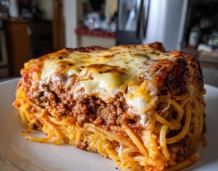 Delicious homemade spaghetti pie served on a plate with fresh herbs.
