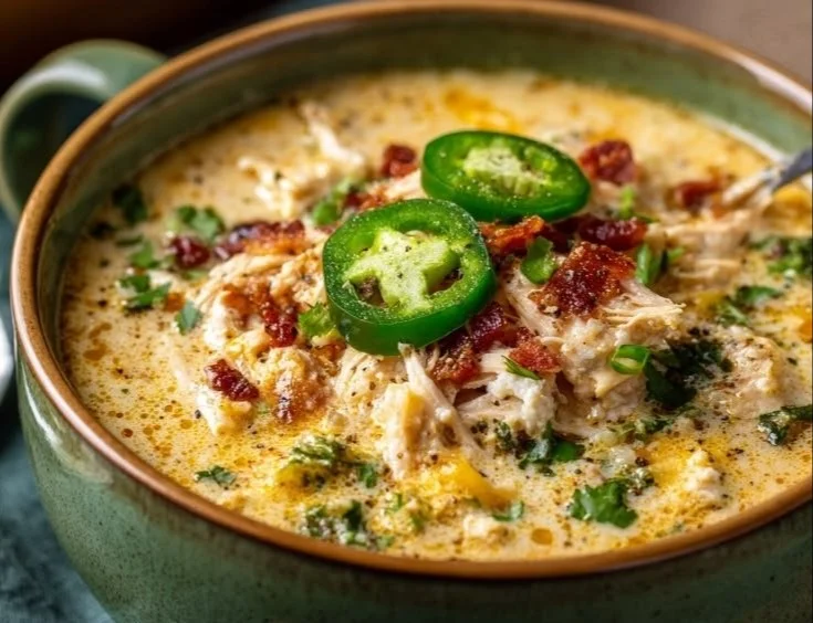 Spicy jalapeno popper chicken soup served in a bowl with toppings