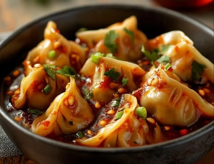 Delicious spicy wontons served in rich chilli sauce