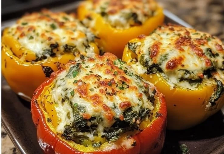 Spinach and ricotta stuffed bell peppers on a white plate