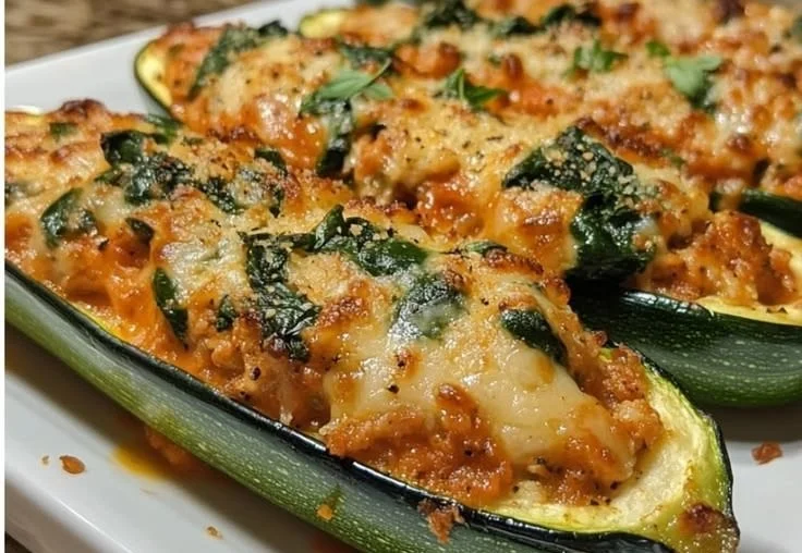 Spinach and ricotta stuffed zucchini boats ready to be served