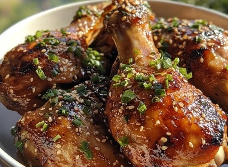 Sticky Garlic Honey Chicken Drumsticks served on a plate garnished with herbs