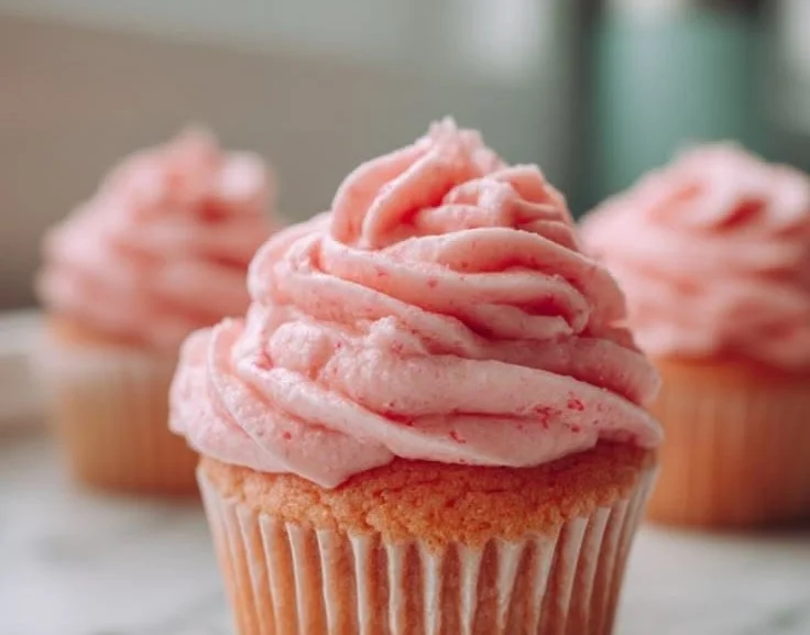 Delicious homemade strawberry cupcakes decorated with fresh strawberries