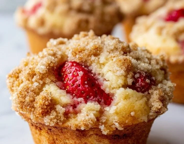 Delicious homemade strawberry muffins with fresh berries on a wooden table