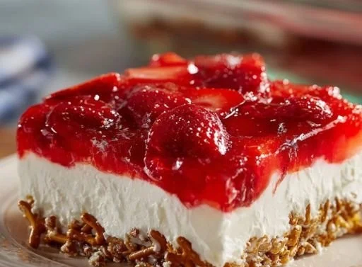 Delicious Strawberry Pretzel Dessert layered with cream, strawberries, and pretzels.