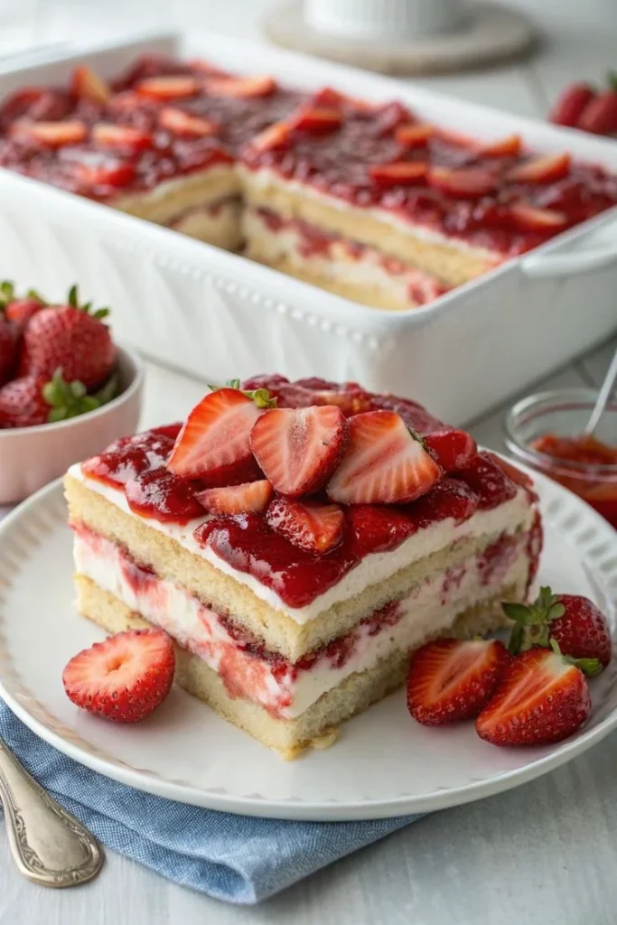 Delicious homemade strawberry tiramisu dessert with layers of strawberries and cream.