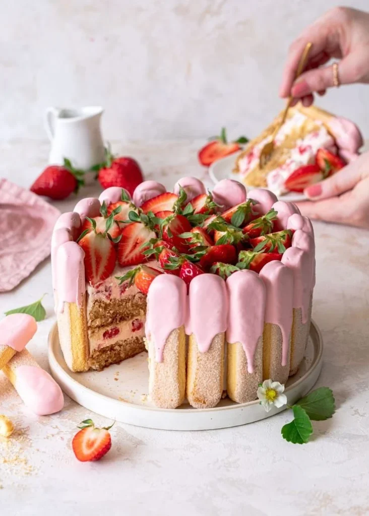 Strawberry Tiramisu Charlotte dessert with fresh strawberries and creamy layers