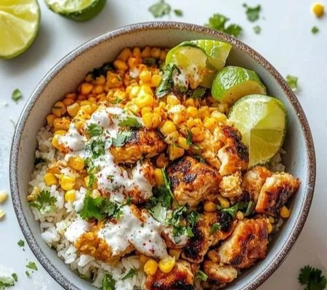 Delicious Street Corn Chicken Rice Bowl with seasoned chicken and fresh toppings