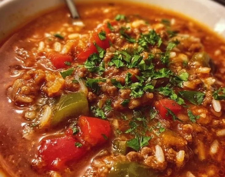 Bowl of vibrant Stuffed Pepper Soup garnished with herbs and peppers