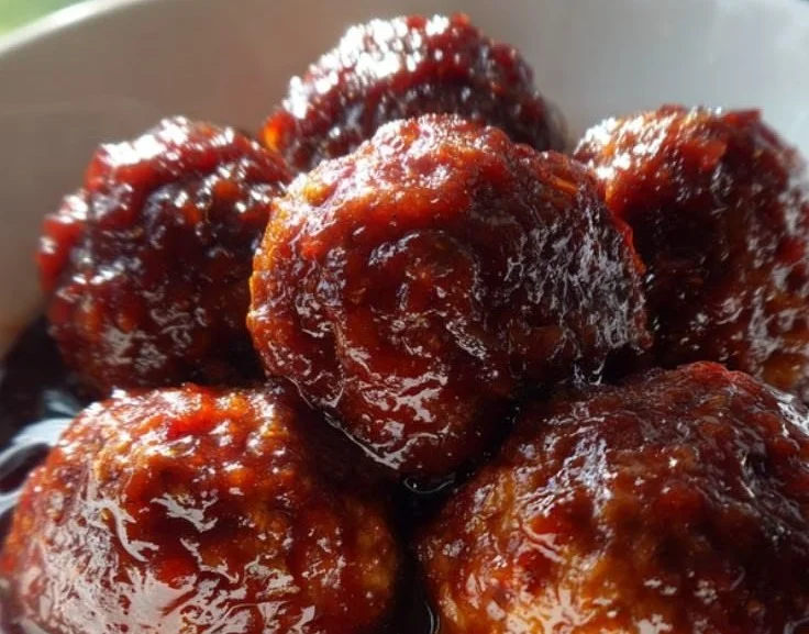 Plate of sweet-and-savory grape jelly meatballs garnished with herbs.