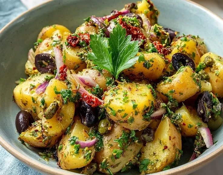 Tangy Mediterranean sumac potato salad served in a bowl with fresh herbs