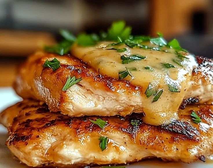 A plate of juicy tenderized chicken breast garnished with herbs.