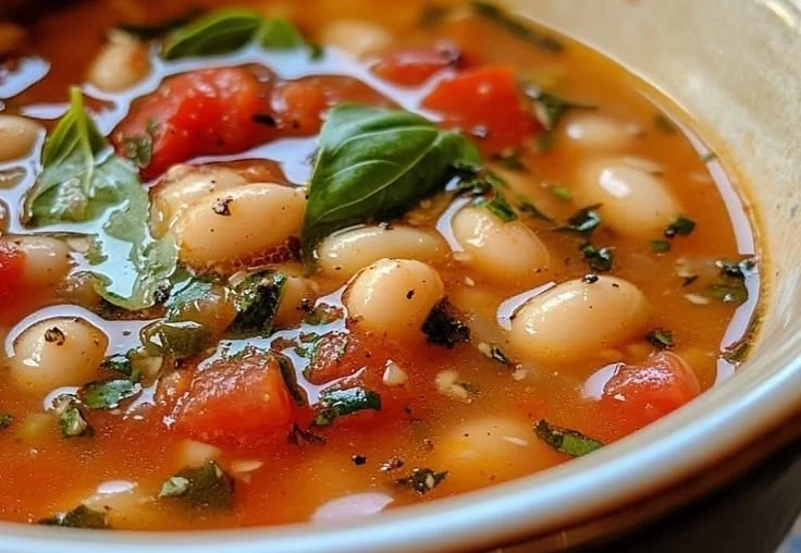 Bowl of Tomato Basil White Bean Soup garnished with fresh basil.