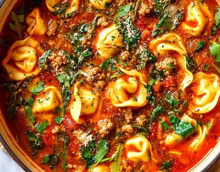 Bowl of Tomato Tortellini Soup with fresh arugula on top