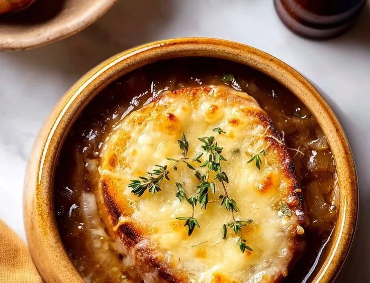 Bowl of traditional French Onion Soup with melted cheese on top