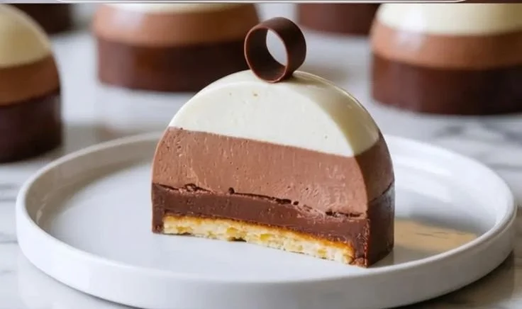 Triple Chocolate Mousse Domes served on a elegant white plate with chocolate garnishes