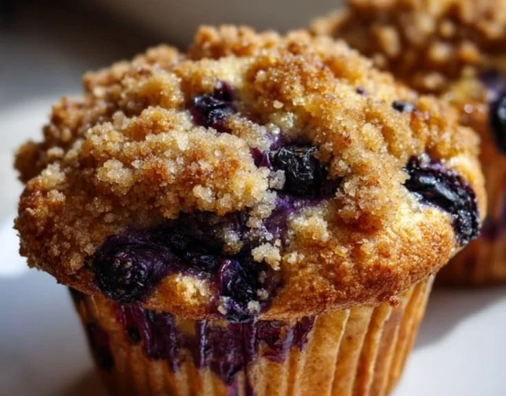 Freshly baked ultra-moist blueberry muffins in a rustic setting