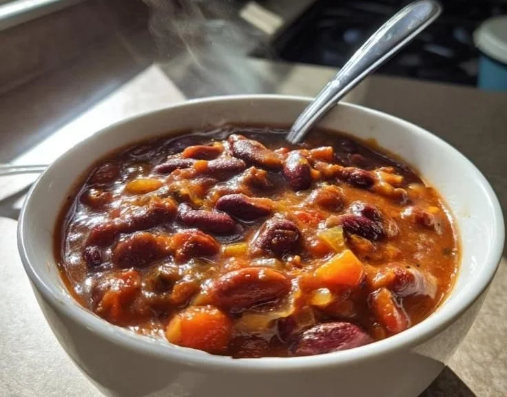 Bowl of delicious, hearty vegetarian chili with beans and vegetables