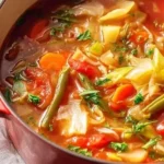 A bowl of wholesome vegetable cabbage soup filled with fresh vegetables.