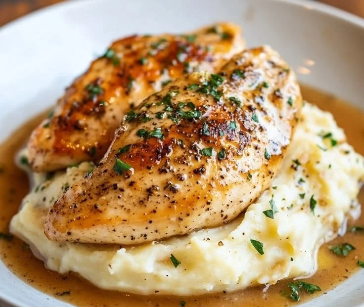 1-pan creamy garlic herb chicken served on a plate with fresh herbs
