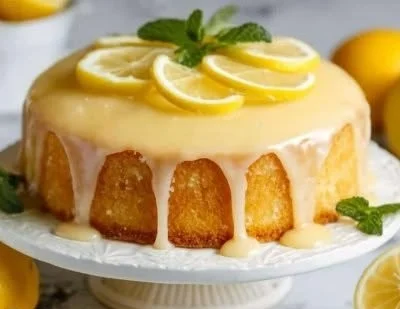 Delicious lemon cake slice with frosting on a plate