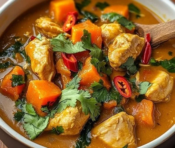 Bowl of African Chicken Peanut Stew topped with fresh herbs and ingredients