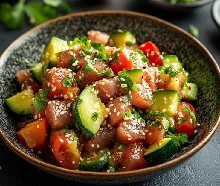 Ahi Tuna Poke Bowl with fresh avocado and cucumber noodles