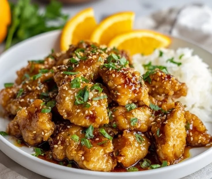 Crispy air fryer orange chicken served with rice and vegetables