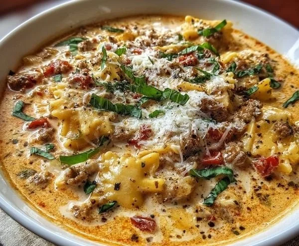 Bowl of creamy Alfredo Lasagna Soup topped with herbs and melted cheese.