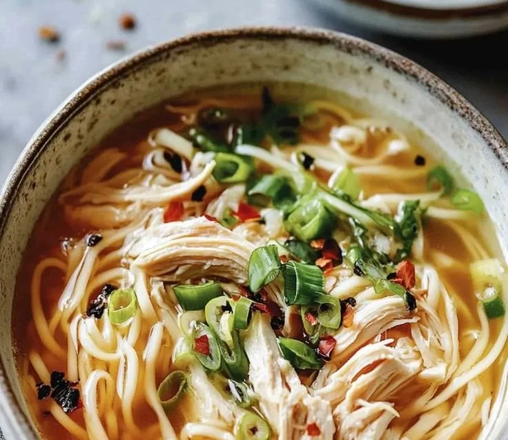 A bowl of aromatic ginger scallion chicken noodle soup garnished with green onions.
