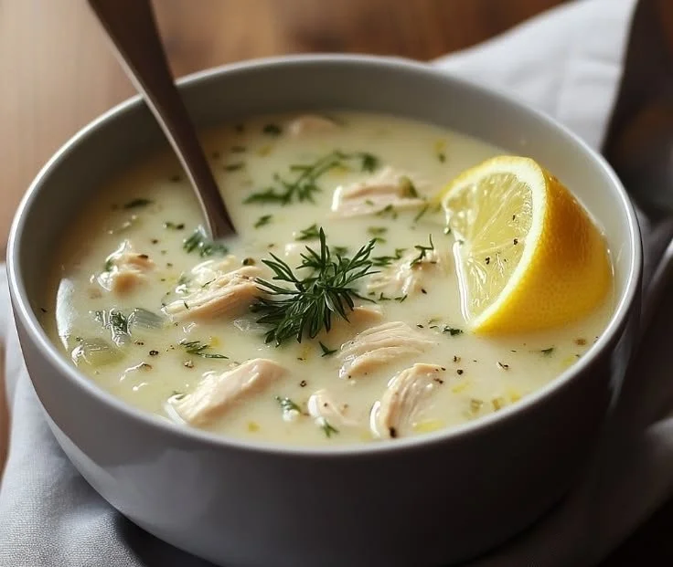 Bowl of Avgolemono Soup, traditional Greek lemon chicken soup