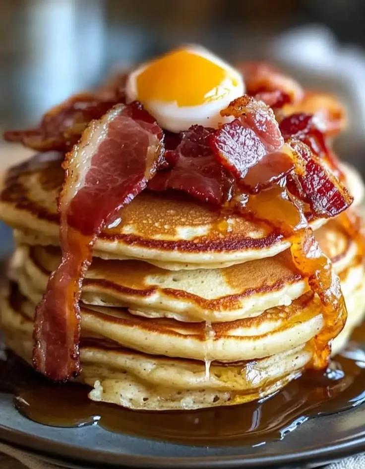 Delicious bacon pancakes stacked and ready for a weekend brunch