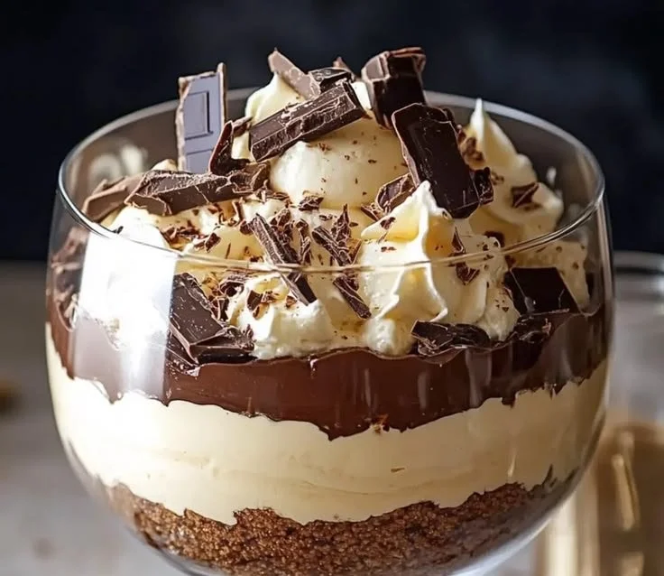 Baileys Chocolate Cheesecake Trifle served in a glass dessert bowl