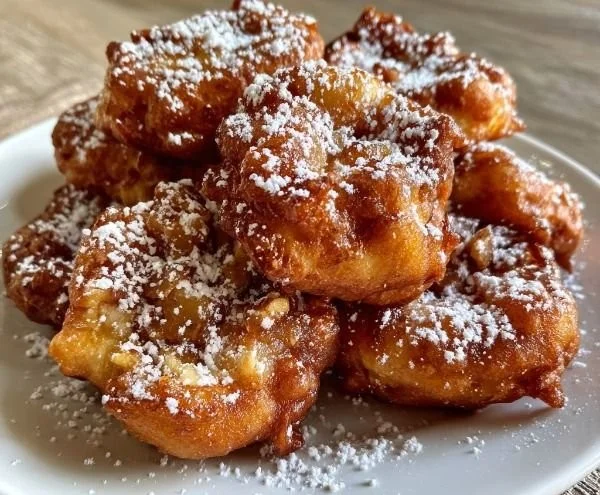 Delicious baked apple fritters warm from the oven, topped with icing.
