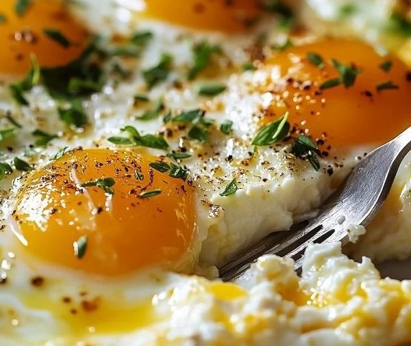 Baked cottage cheese eggs served in a dish, a healthy breakfast option