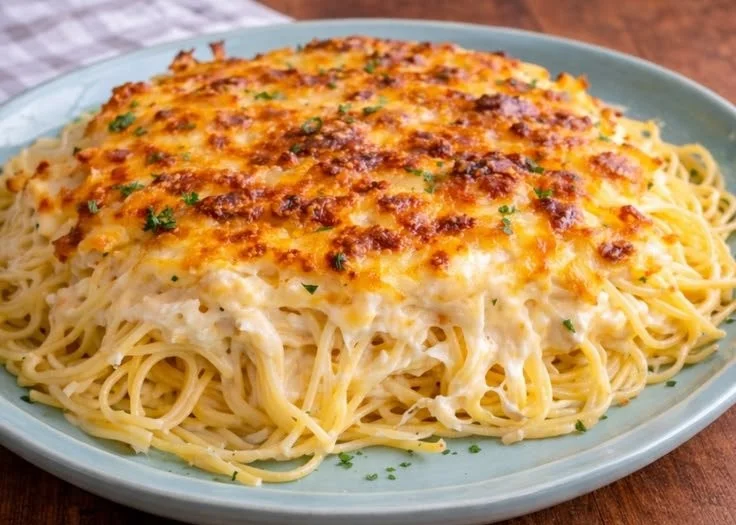 Baked Cream Cheese Spaghetti Casserole served in a dish
