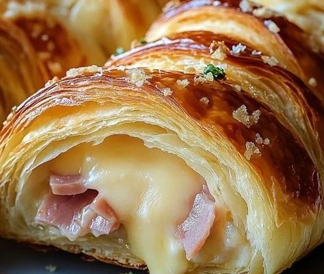 Freshly baked ham and cheese croissants on a rustic wooden table