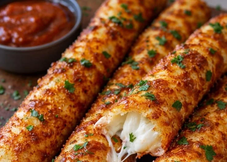 Baked mozzarella sticks served with marinara sauce on a plate