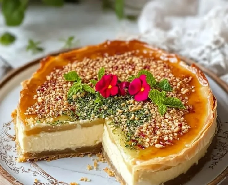Delicious baklava cheesecake topped with nuts and syrup on a dessert plate.