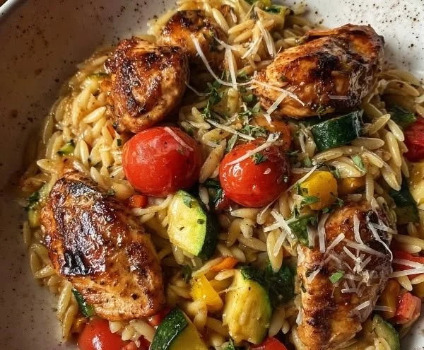Balsamic chicken served with veggie orzo on a plate, garnished with herbs.