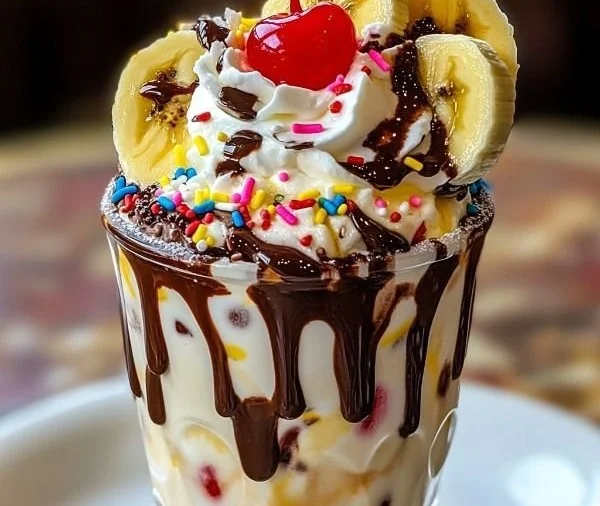 Delicious banana split milkshake with whipped cream and cherries on top
