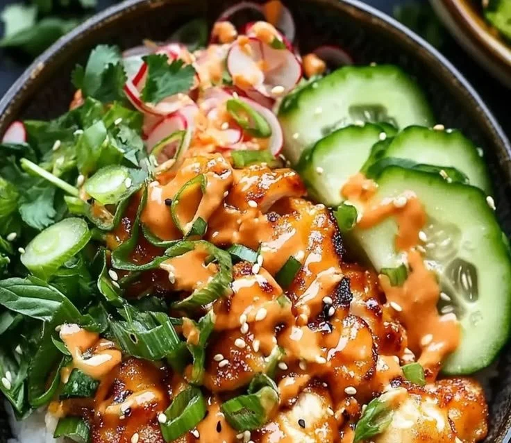 Crispy Bang Bang Chicken Bowl served with fresh vegetables and spicy sauce.